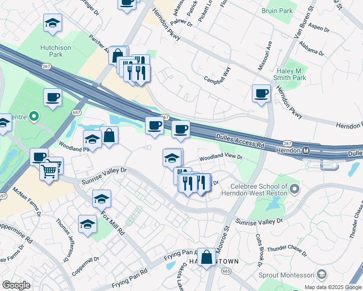 map of restaurants, bars, coffee shops, grocery stores, and more near 2250 Corporate Park Drive in Herndon