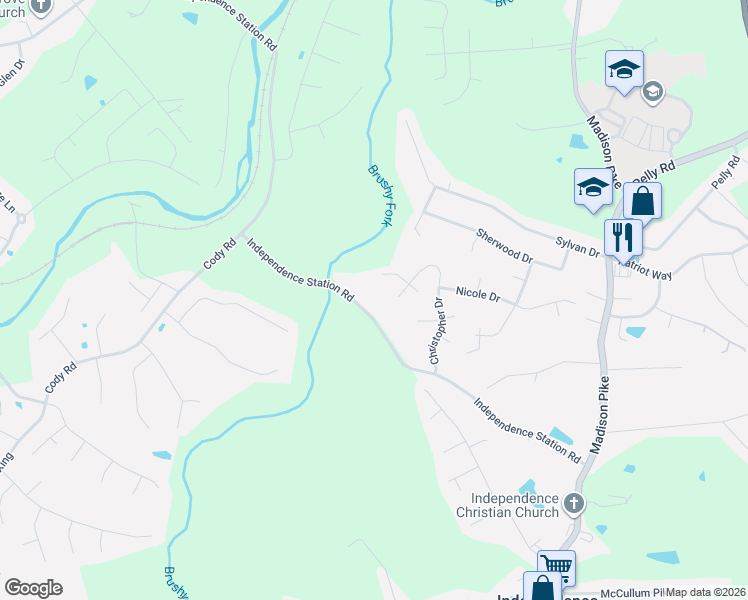 map of restaurants, bars, coffee shops, grocery stores, and more near 148 Independence Station Road in Independence