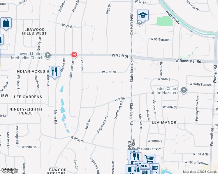 map of restaurants, bars, coffee shops, grocery stores, and more near 9618 Sagamore Road in Leawood