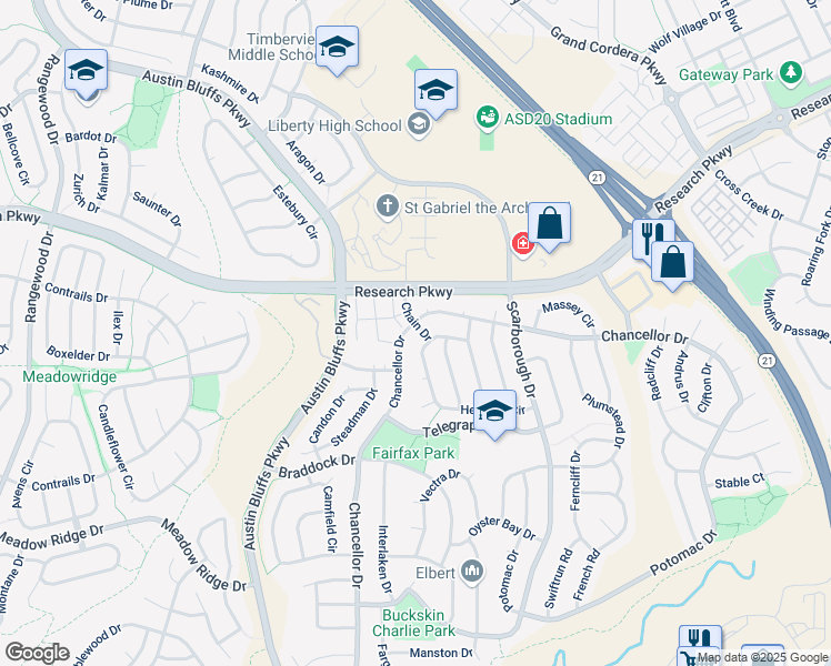map of restaurants, bars, coffee shops, grocery stores, and more near 8403 Chancellor Drive in Colorado Springs