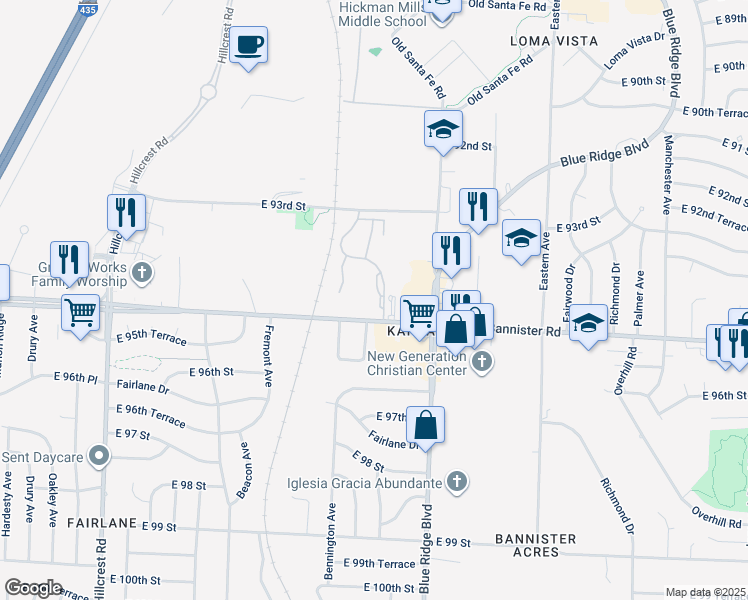 map of restaurants, bars, coffee shops, grocery stores, and more near 9444 Newton Avenue in Kansas City