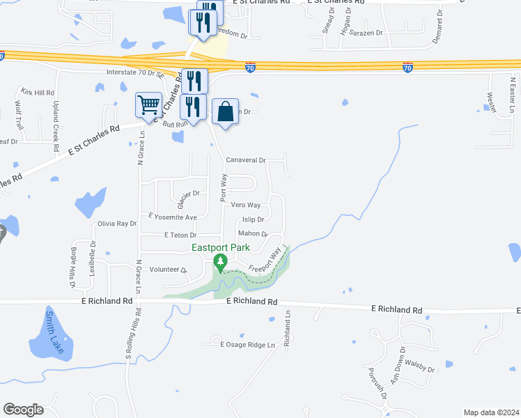 map of restaurants, bars, coffee shops, grocery stores, and more near 5806 Vero Way in Columbia