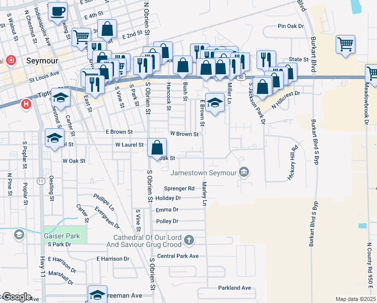 map of restaurants, bars, coffee shops, grocery stores, and more near 700 East Block Brown Street in Seymour