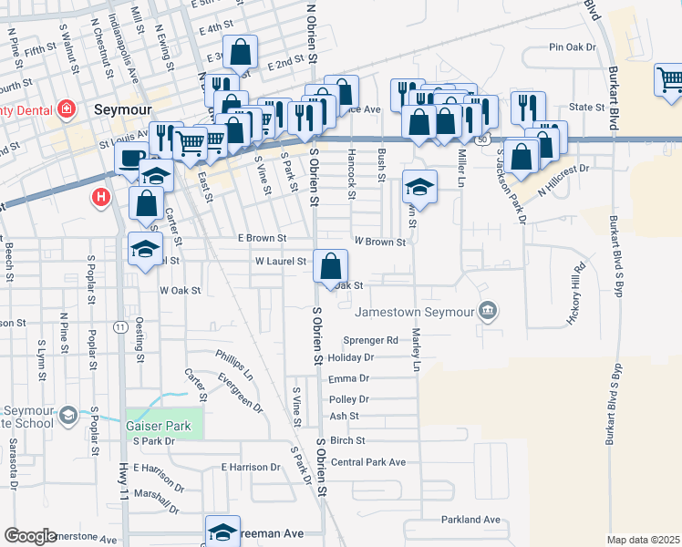 map of restaurants, bars, coffee shops, grocery stores, and more near 475 South Obrien Street in Seymour