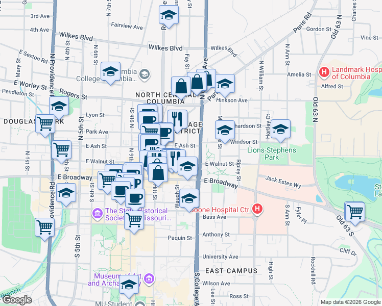 map of restaurants, bars, coffee shops, grocery stores, and more near 113 North College Avenue in Columbia