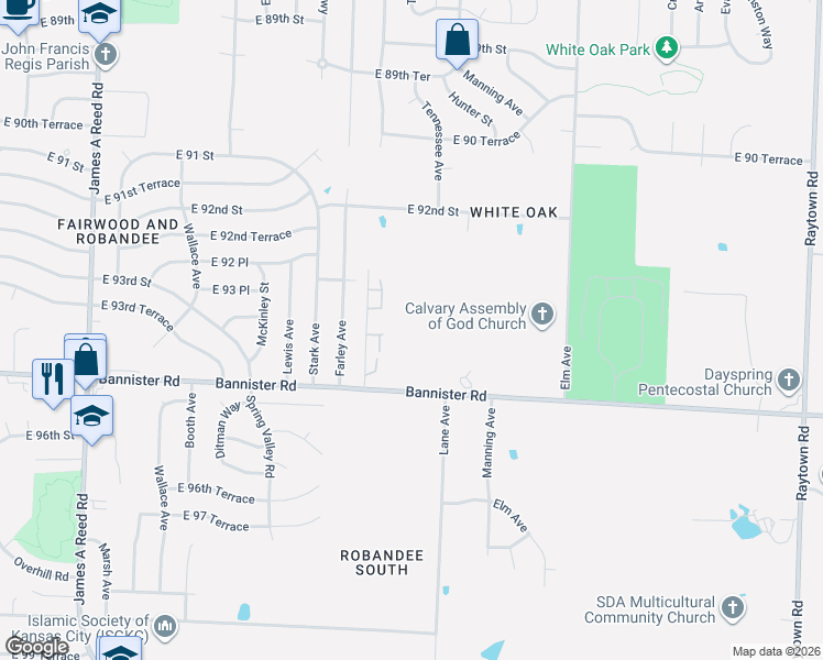 map of restaurants, bars, coffee shops, grocery stores, and more near 8906 Bannister Road in Kansas City