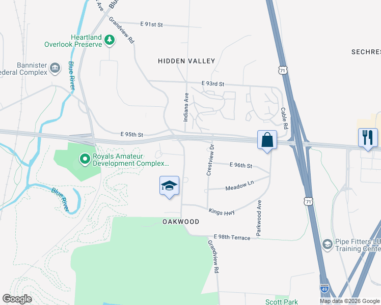 map of restaurants, bars, coffee shops, grocery stores, and more near 9509 Grandview Road in Kansas City