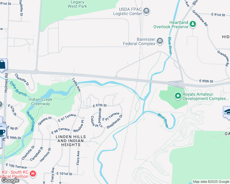 map of restaurants, bars, coffee shops, grocery stores, and more near 1846 East 97th Street in Kansas City