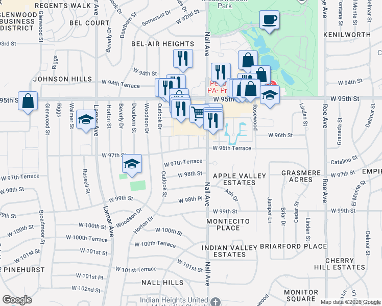 map of restaurants, bars, coffee shops, grocery stores, and more near 5510 West 97th Street in Overland Park