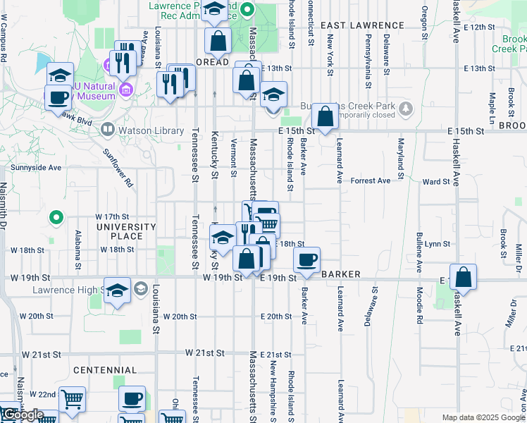 map of restaurants, bars, coffee shops, grocery stores, and more near 101-113 East 17th Street in Lawrence