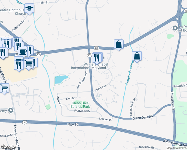 map of restaurants, bars, coffee shops, grocery stores, and more near 4661 Running Deer Way in Bowie