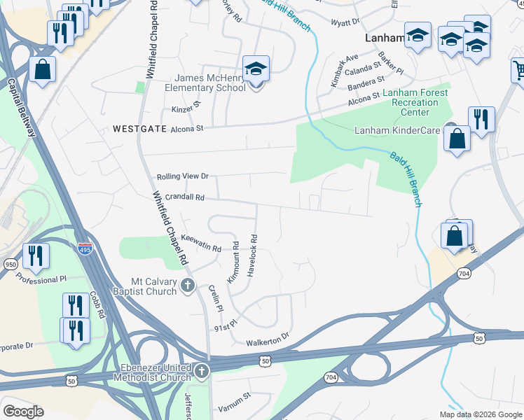 map of restaurants, bars, coffee shops, grocery stores, and more near 4519 Havelock Road in Lanham