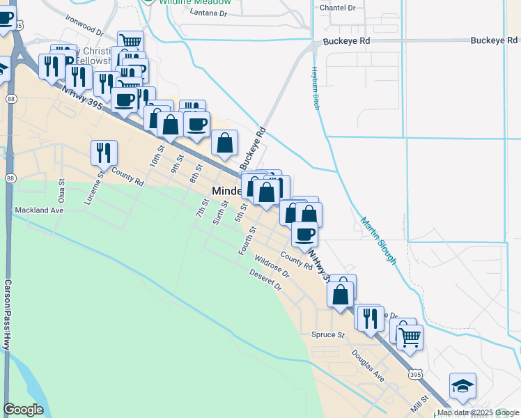map of restaurants, bars, coffee shops, grocery stores, and more near 1596 Esmeralda Avenue in Minden