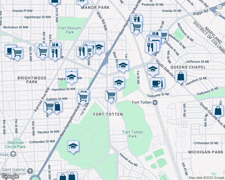 map of restaurants, bars, coffee shops, grocery stores, and more near 15 Hamilton Street Northeast in Washington