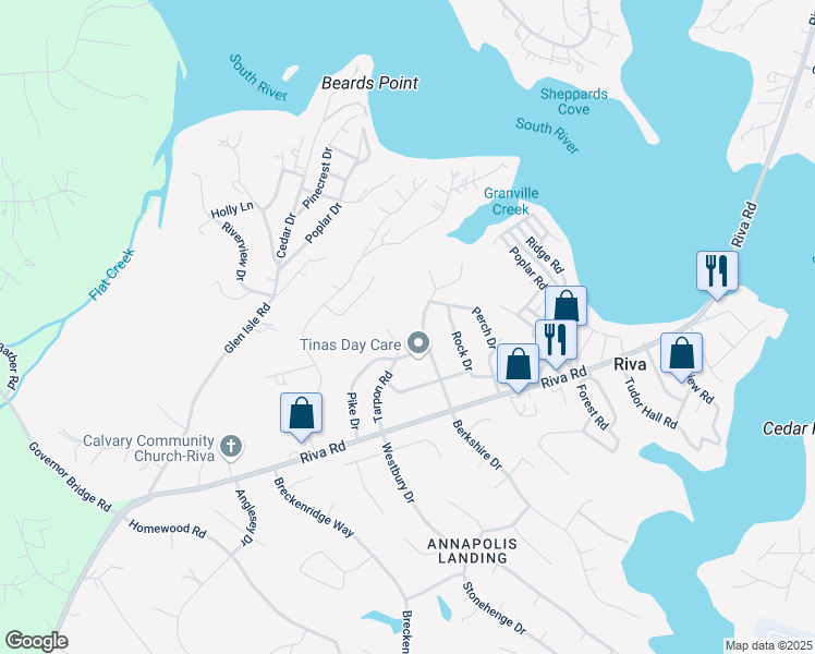 map of restaurants, bars, coffee shops, grocery stores, and more near 3025 Tarpon Road in Riva