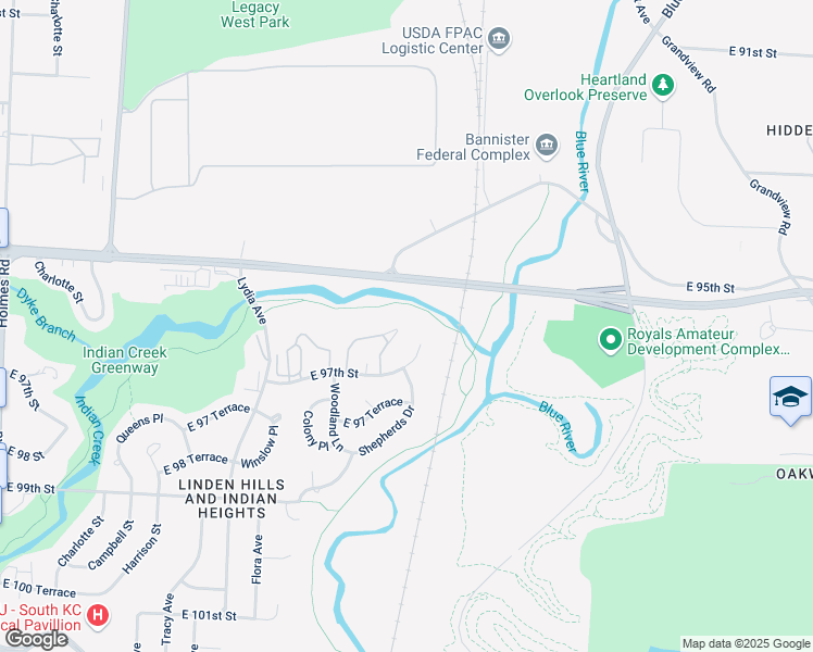 map of restaurants, bars, coffee shops, grocery stores, and more near 1716 East 97th Street in Kansas City
