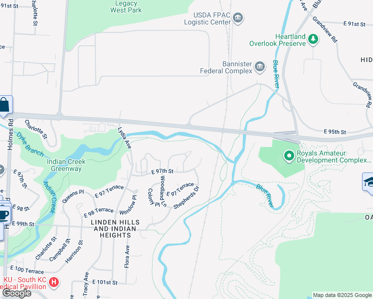 map of restaurants, bars, coffee shops, grocery stores, and more near 1846 East 97th Street in Kansas City