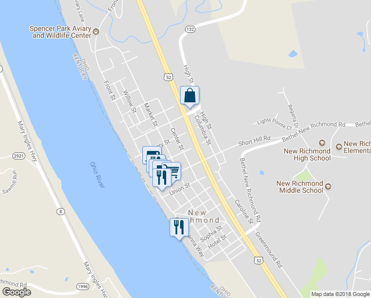 map of restaurants, bars, coffee shops, grocery stores, and more near 300 Center Street in New Richmond