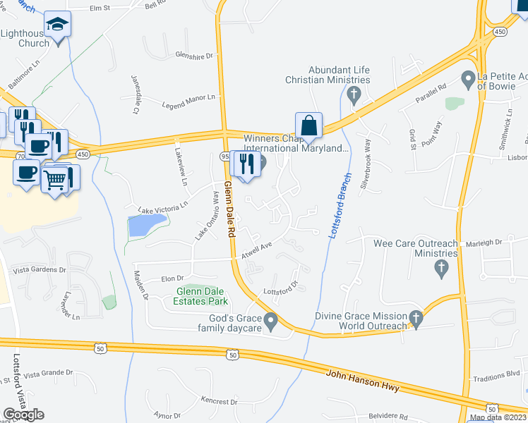map of restaurants, bars, coffee shops, grocery stores, and more near 11269 Raging Brook Drive in Bowie