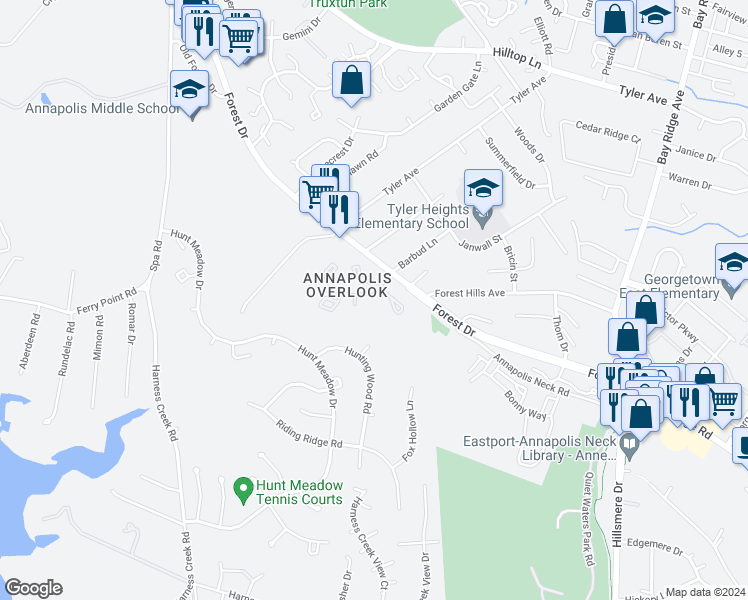 map of restaurants, bars, coffee shops, grocery stores, and more near 40 Sandstone Court in Annapolis