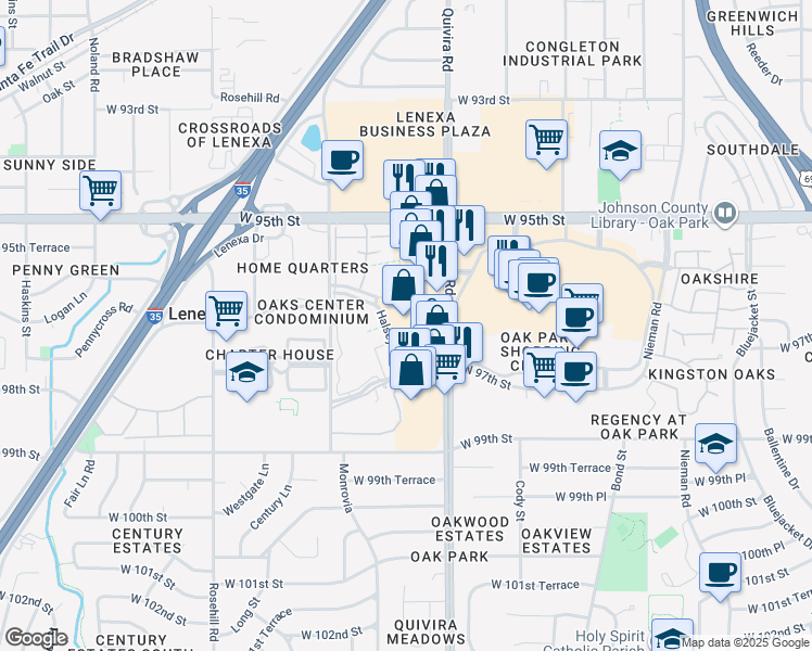 map of restaurants, bars, coffee shops, grocery stores, and more near 9650 Quivira Rd in Lenexa