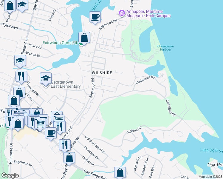 map of restaurants, bars, coffee shops, grocery stores, and more near 1019 Carrs Road in Annapolis