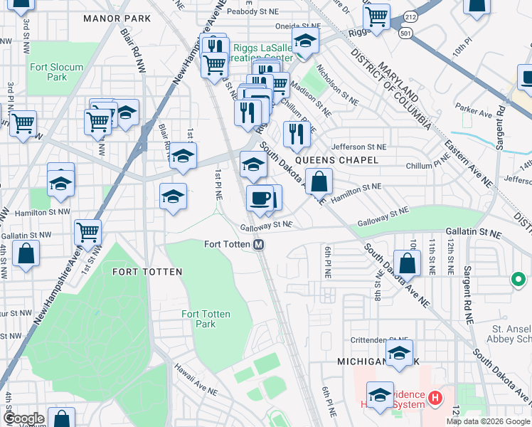 map of restaurants, bars, coffee shops, grocery stores, and more near 5210 3rd Street Northeast in Washington