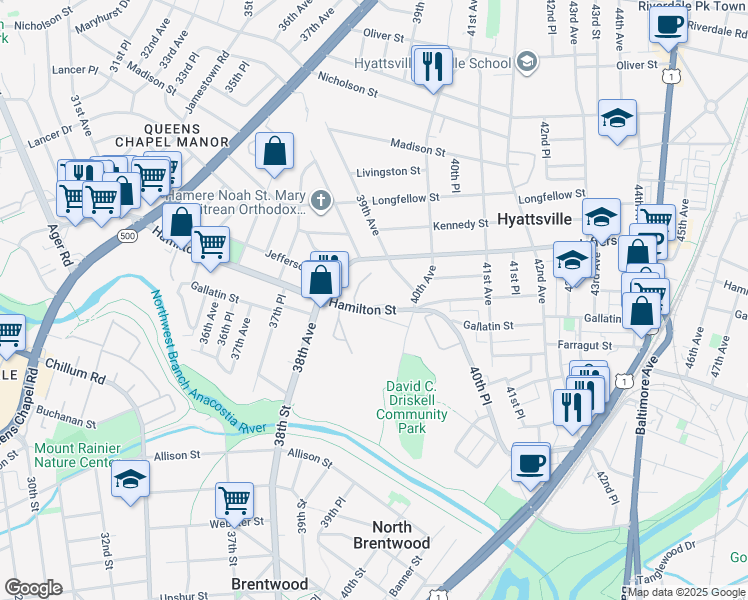 map of restaurants, bars, coffee shops, grocery stores, and more near 3900 Hamilton Street in Hyattsville