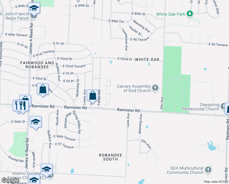 map of restaurants, bars, coffee shops, grocery stores, and more near 8906 Bannister Road in Kansas City