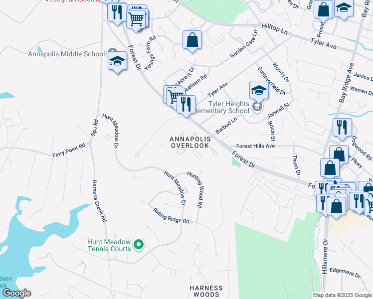 map of restaurants, bars, coffee shops, grocery stores, and more near 40 Ironstone Court in Annapolis