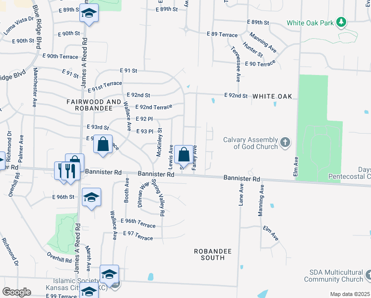 map of restaurants, bars, coffee shops, grocery stores, and more near 9401 Stark Avenue in Kansas City