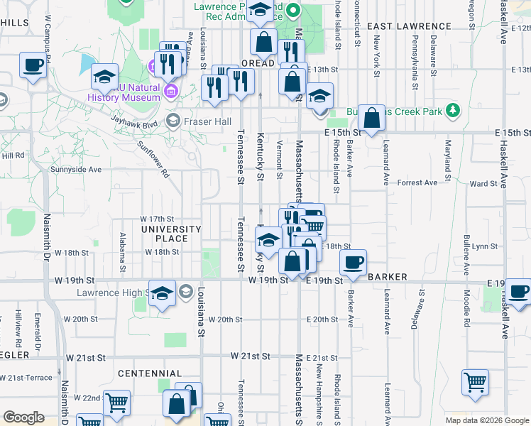 map of restaurants, bars, coffee shops, grocery stores, and more near 1700 Kentucky Street in Lawrence