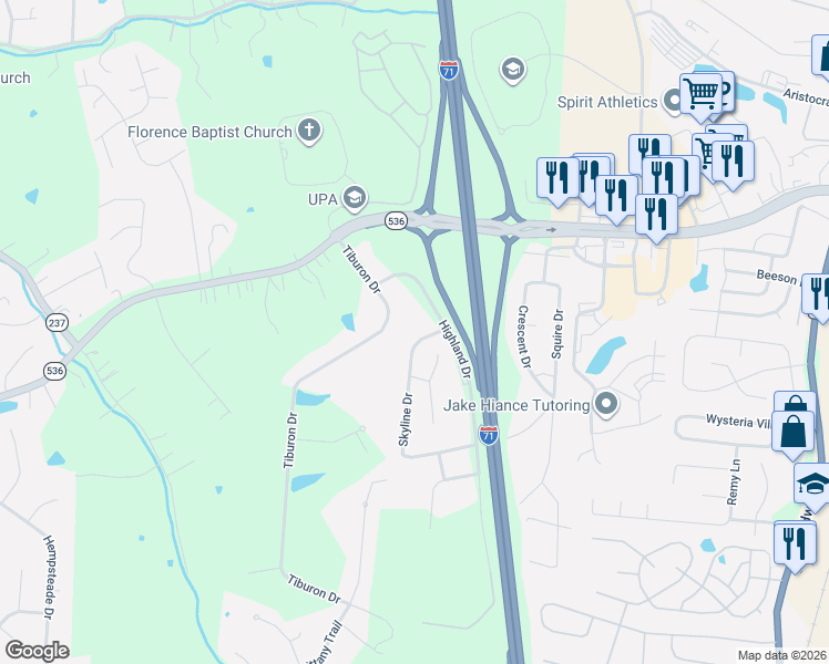 map of restaurants, bars, coffee shops, grocery stores, and more near 600 Skyline Drive in Florence