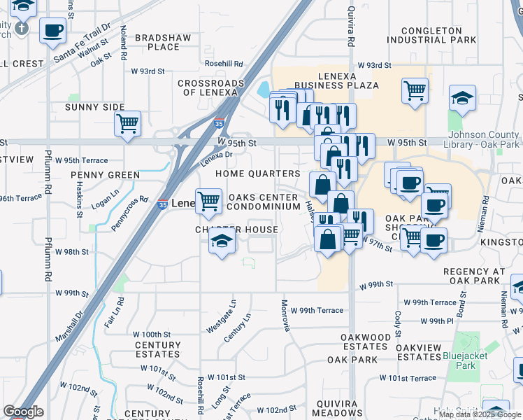 map of restaurants, bars, coffee shops, grocery stores, and more near 12351 West 96th Terrace in Lenexa