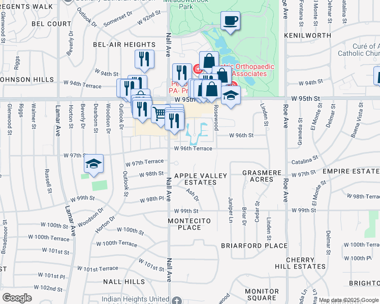 map of restaurants, bars, coffee shops, grocery stores, and more near 5331 West 96th Terrace in Overland Park