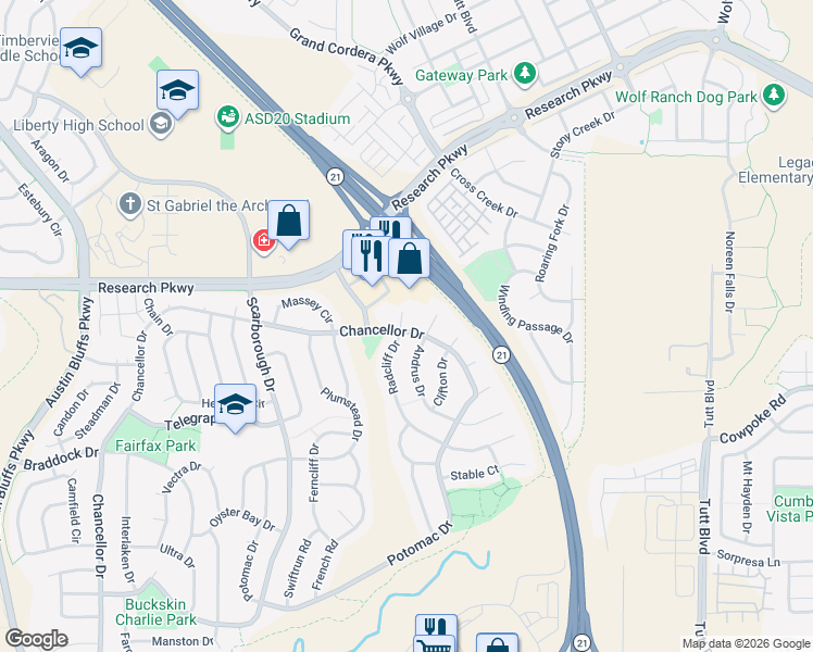 map of restaurants, bars, coffee shops, grocery stores, and more near 8307 Radcliff Drive in Colorado Springs