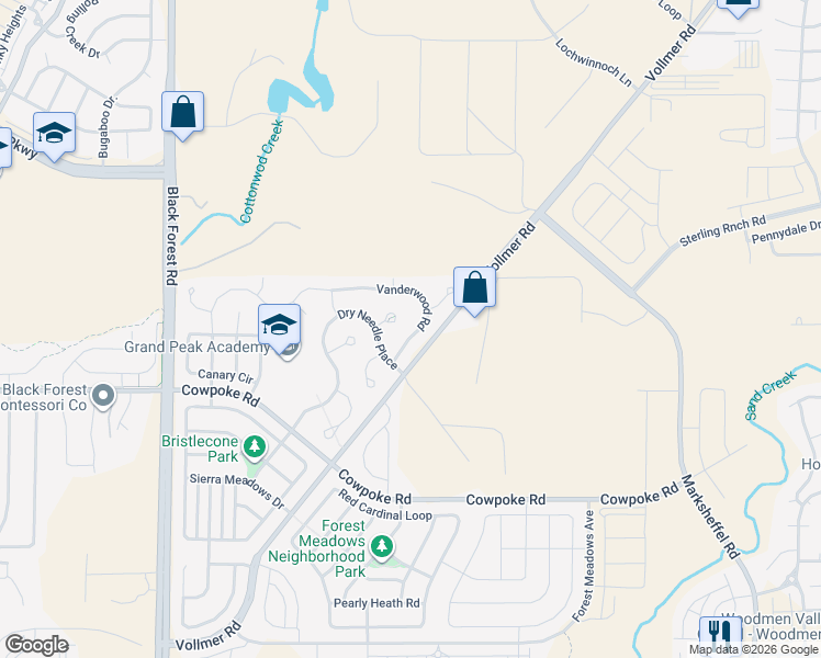 map of restaurants, bars, coffee shops, grocery stores, and more near 9075 Vanderwood Road in Colorado Springs