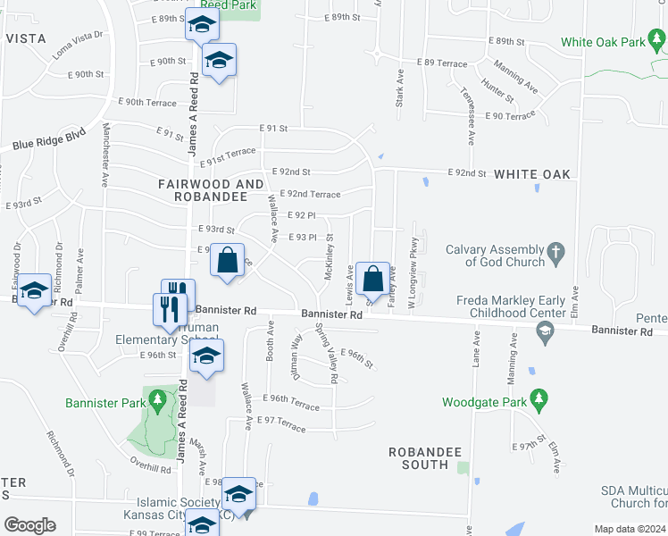 map of restaurants, bars, coffee shops, grocery stores, and more near 9403 McKinley Street in Kansas City