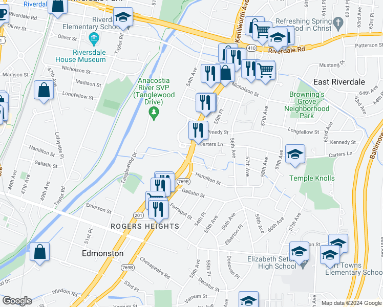 map of restaurants, bars, coffee shops, grocery stores, and more near 101 Independence Avenue Southeast in Washington