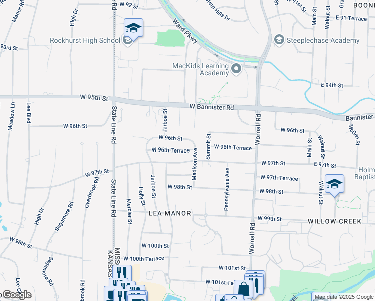 map of restaurants, bars, coffee shops, grocery stores, and more near 904 W 96th Terrace in Kansas City