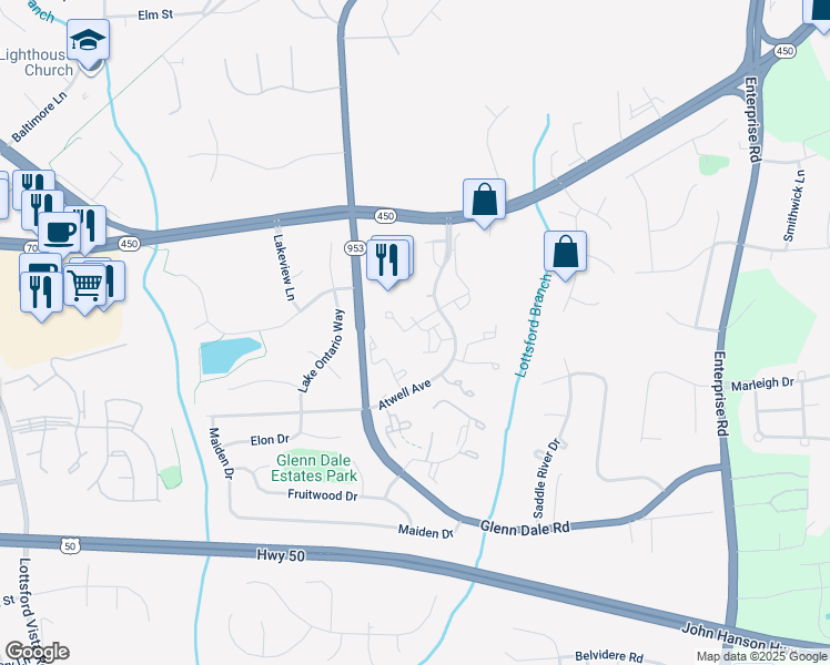 map of restaurants, bars, coffee shops, grocery stores, and more near 11269 Raging Brook Drive in Bowie