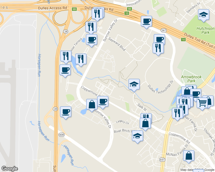 map of restaurants, bars, coffee shops, grocery stores, and more near 2424 Terra Cotta Circle in Herndon