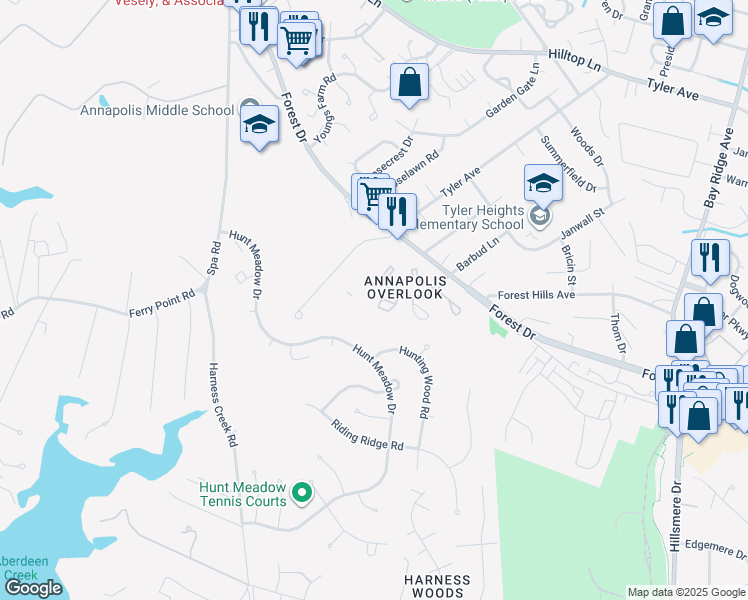 map of restaurants, bars, coffee shops, grocery stores, and more near 20 Ironstone Court in Annapolis