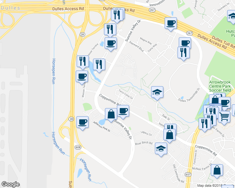 map of restaurants, bars, coffee shops, grocery stores, and more near 2479 Terra Cotta Circle in Herndon