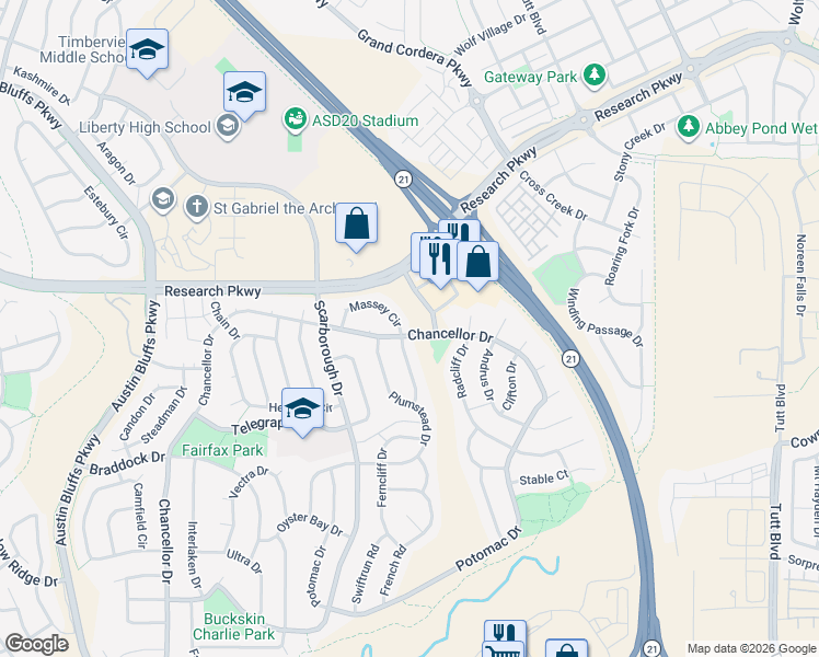 map of restaurants, bars, coffee shops, grocery stores, and more near 5410 Channel Drive in Colorado Springs