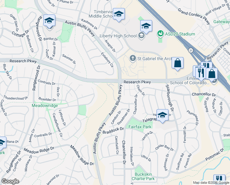 map of restaurants, bars, coffee shops, grocery stores, and more near 4563 Scarlet Drive in Colorado Springs