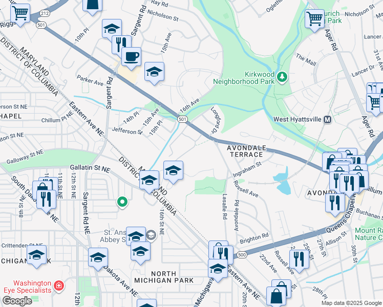 map of restaurants, bars, coffee shops, grocery stores, and more near 101 Independence Avenue Southeast in Washington