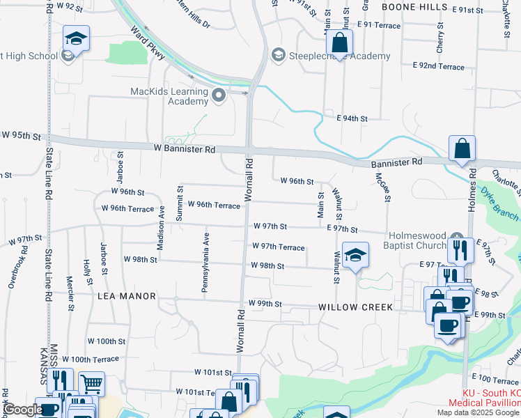 map of restaurants, bars, coffee shops, grocery stores, and more near 211 West 96th Terrace in Kansas City