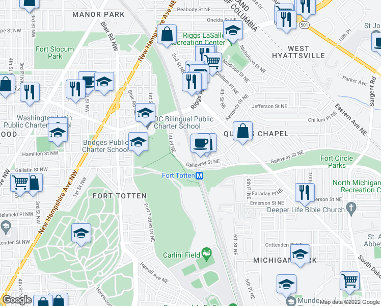 map of restaurants, bars, coffee shops, grocery stores, and more near 133 Ingraham Street Northeast in Washington