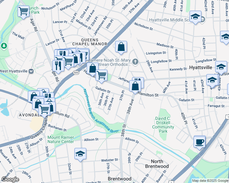 map of restaurants, bars, coffee shops, grocery stores, and more near 3700 Gallatin Street in Hyattsville